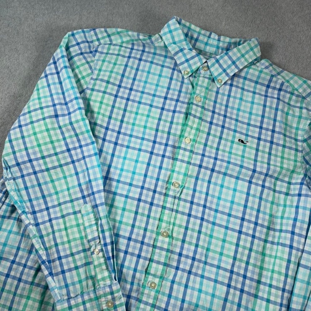Vineyard Vines Button Down Mens XXL Blue Green Plaid Whale Shirt Long Sleeve